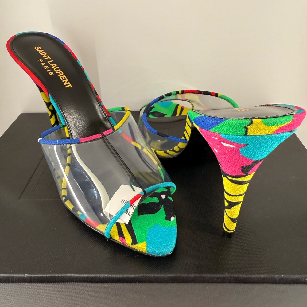 Yves Saint Laurent Sz 7.5 Multi Color w/ Clear Front  Mules Shoes